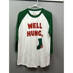 Well Hung Christmas Shirt Mens Large Green White Raglan 3/4 Sleeve Funny Graphic